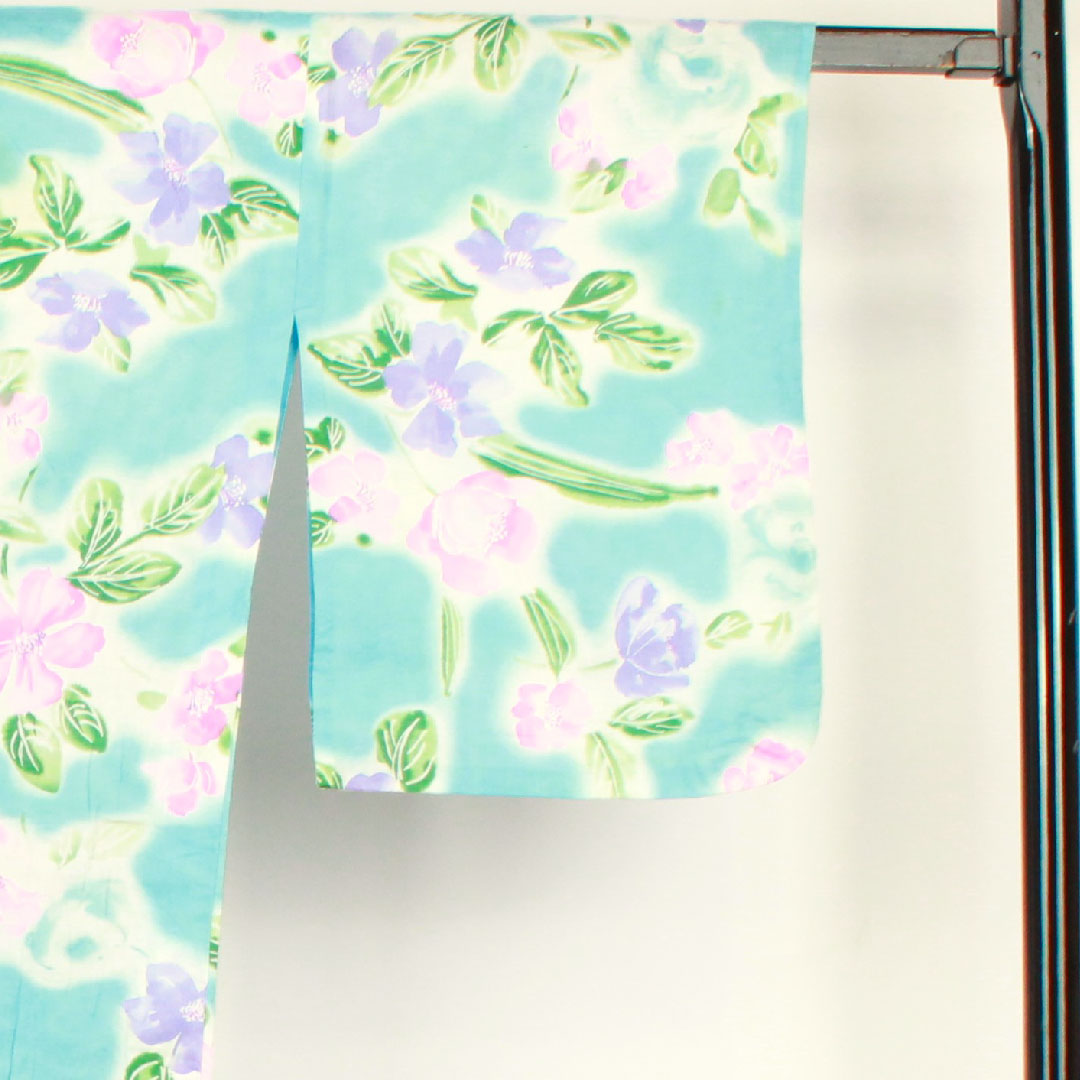 浴衣 浅縹色 花模様 木綿 Aランク 単衣 身丈166.5cm 裄丈64cm 青系 1118001083517