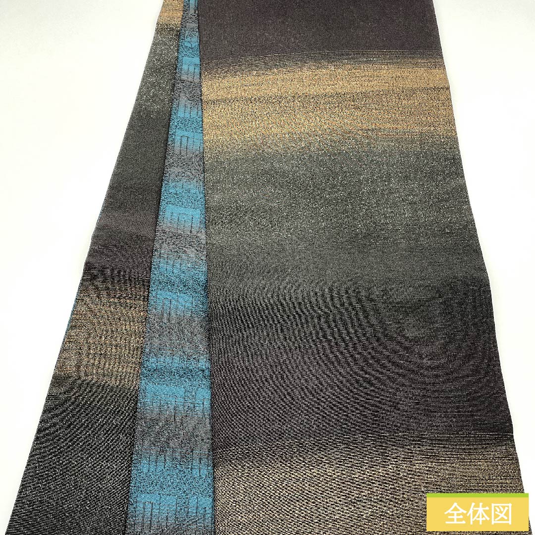 袋帯 黒色 リバーシブル 横段 唐花 幾何学模様 帯丈456cm 正絹 Sランク 全通 カジュアル グラデーション系 1123011202499