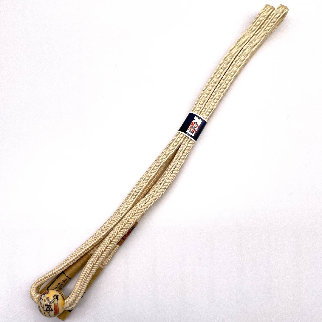 (New old stock) Obijime (belt fastener) Pure silk, quarter-length string, light egg color, hand-woven string, crown string, Kyoto-style obi fastener, length approx. 136cm, width approx. 1cm, casual, S rank, beige, 1135000032325