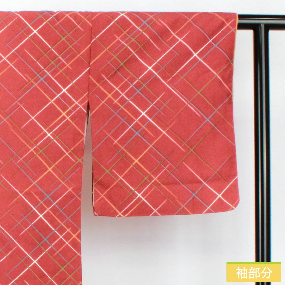 小紋 ポリエステル Aランク 身丈160.5cm 裄丈67.5cm 袷 紅絹色(もみいろ) 斜め格子 洗える着物 赤系 1115007473412