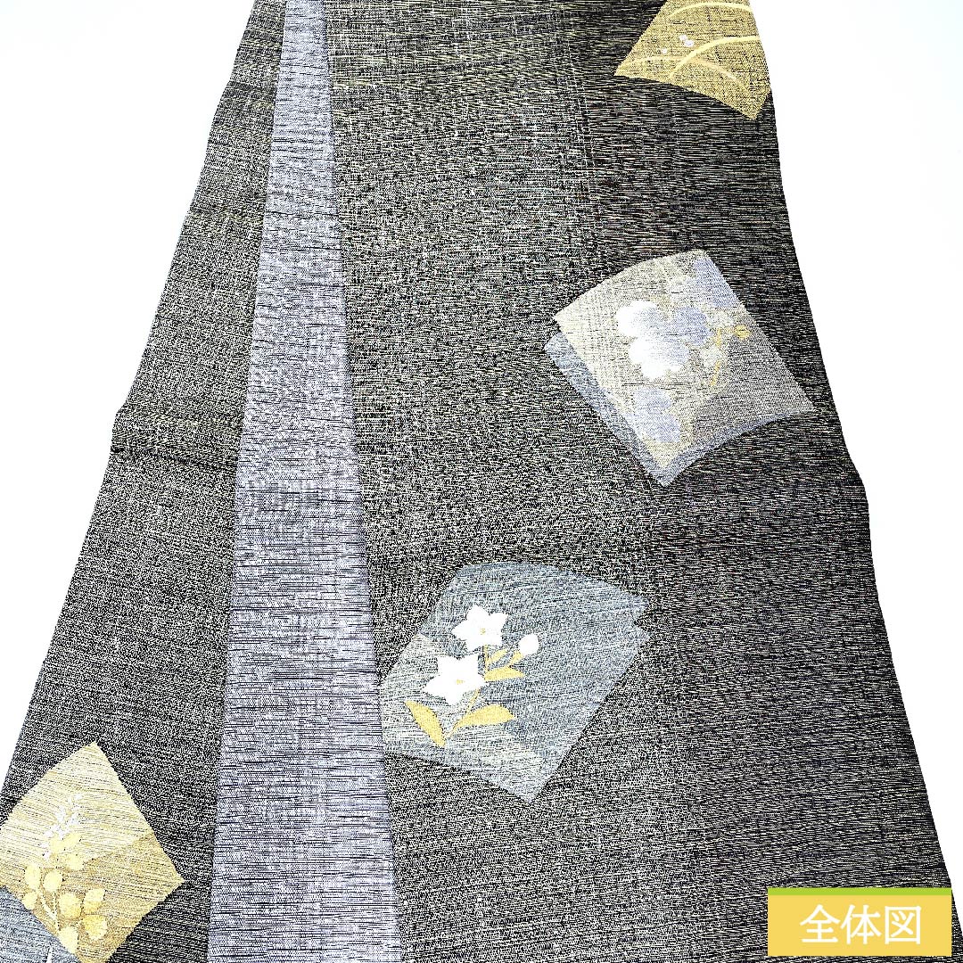 袋帯 黒色 瓦 桔梗 露芝 万寿菊 帯丈448cm 正絹 Sランク 六通 フォーマル 黒系 1123010742310