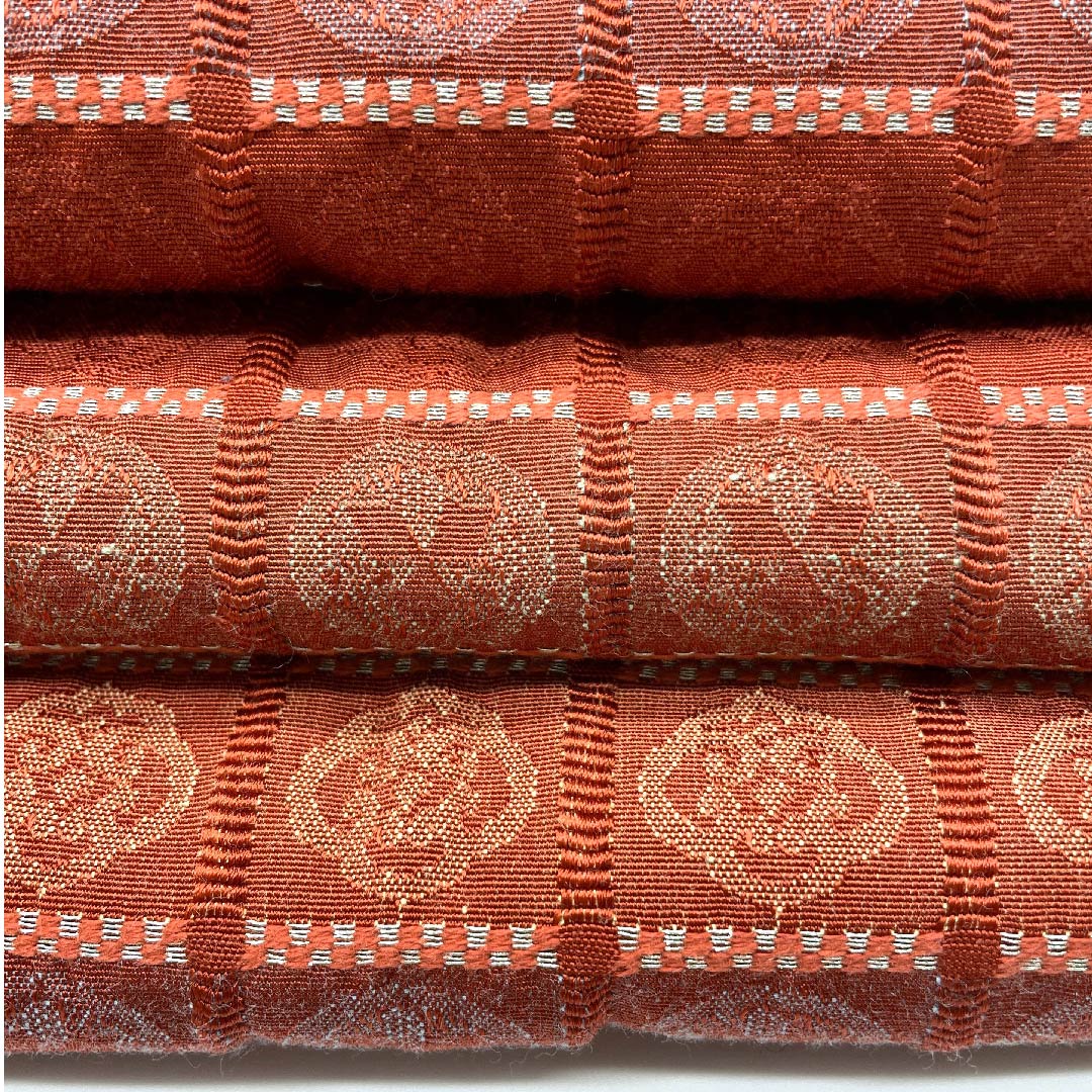 (未仕立)半幅帯 緋銅色色(ひどうしょくいろ) 市松 丸紋 帯丈330cm 木綿 朱系 Sランク 1125000382916