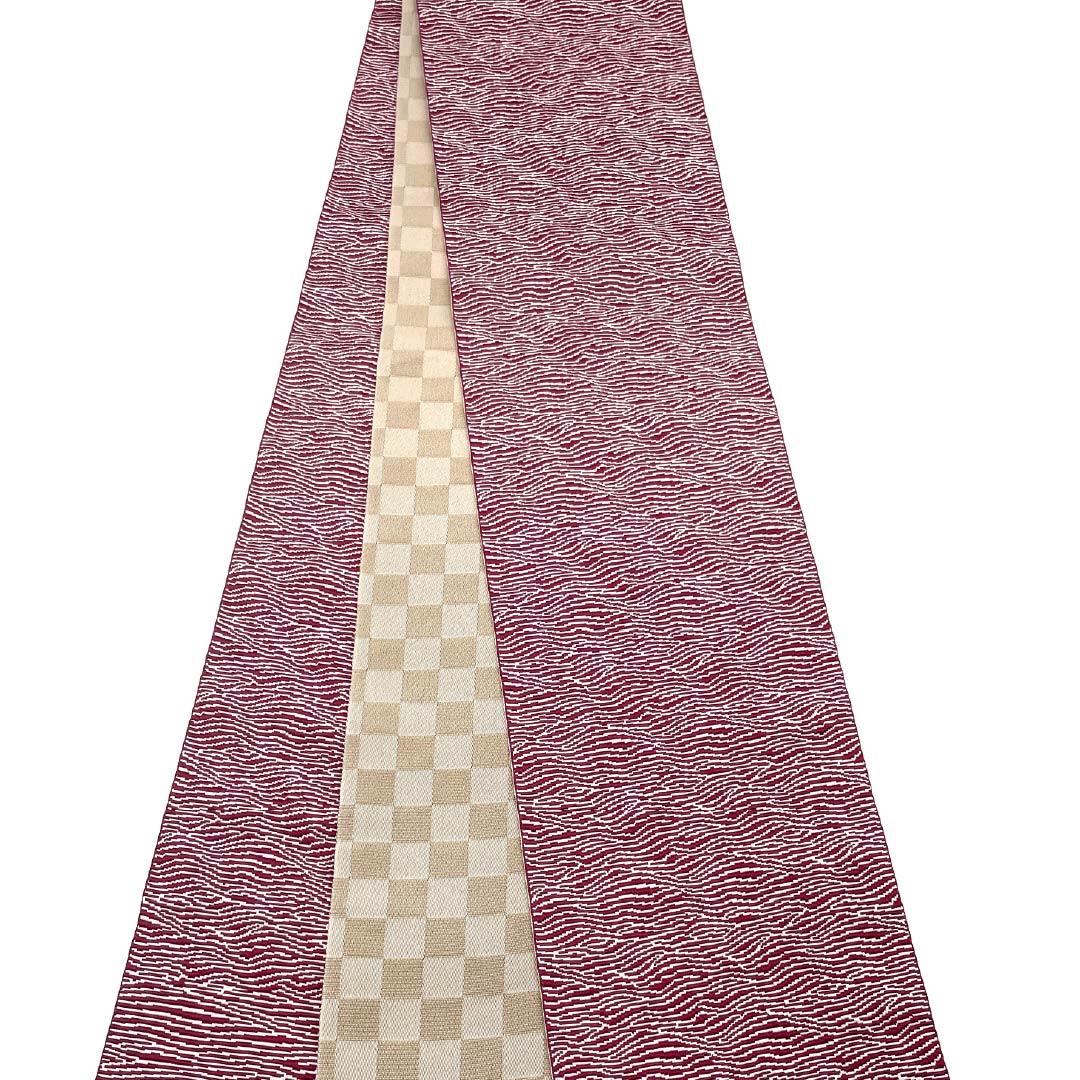 半幅帯 ポリエステル 帯丈400cm 臙脂色(えんじいろ) よろけ縞 ネコ 赤系 Sランク 1125001602412