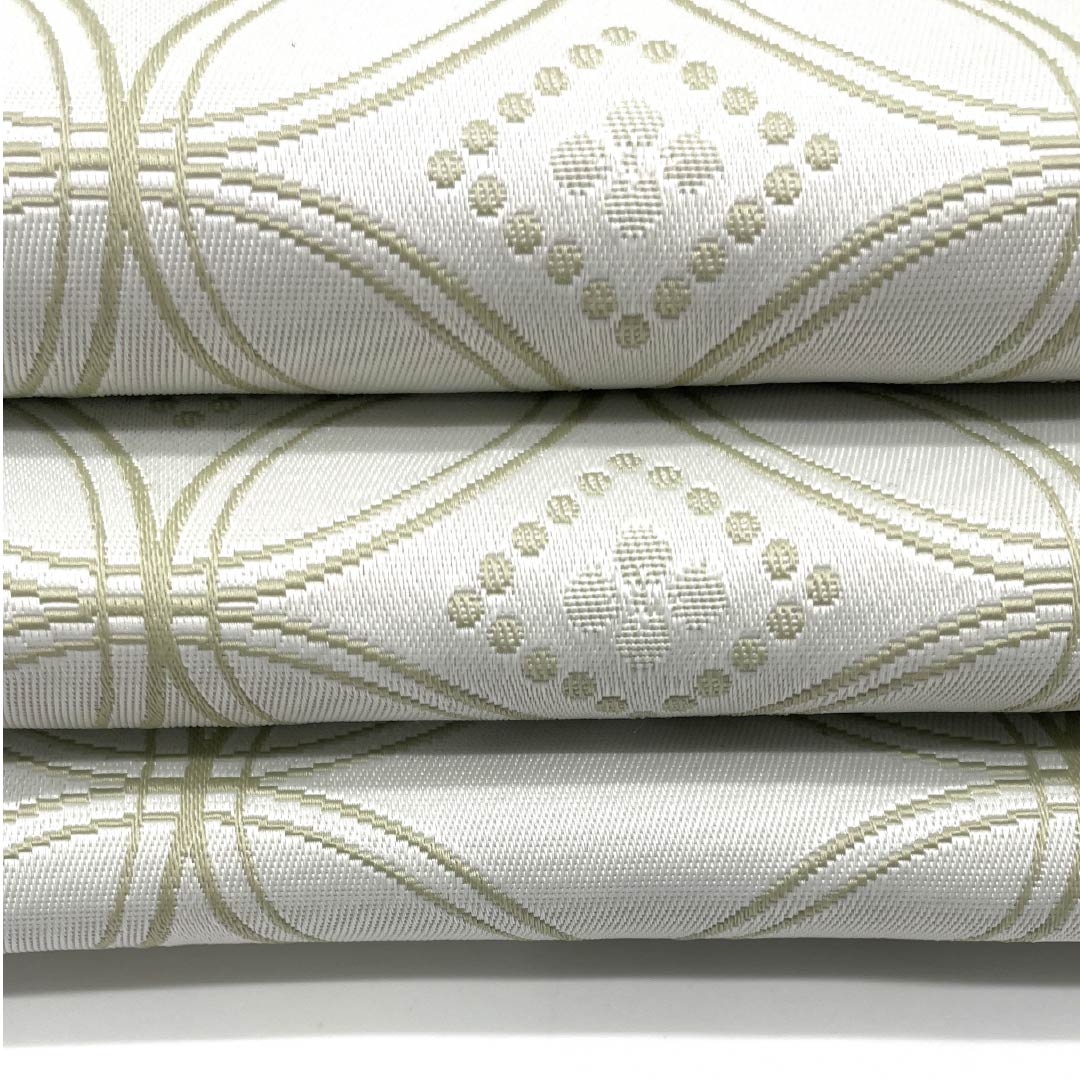 半幅帯 ポリエステル 帯丈396cm 卯の花色(うのはないろ) 七宝つなぎ 古典柄 矢羽根 薄梅鼠色(うすうめねずいろ) リバーシブル グレー系 Sランク 1125001512322