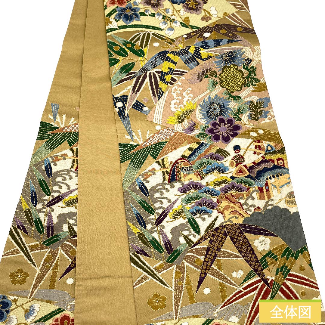 袋帯 胡桃色(くるみいろ) 白綾苑大庭 吉祥文様 松竹梅 帯丈418cm 正絹 Sランク 六通 フォーマル ベージュ系 1123010132325