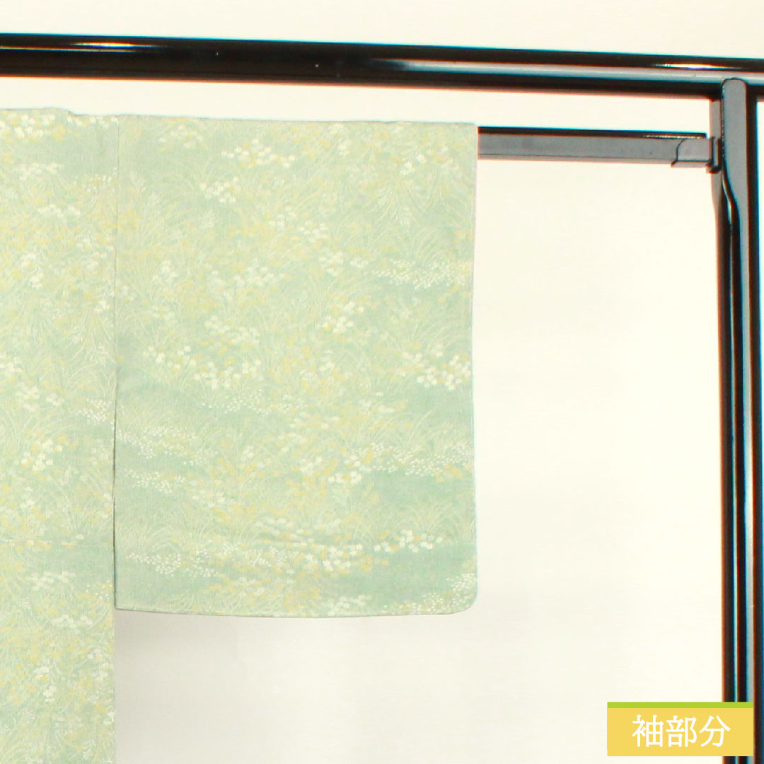 小紋 正絹 身丈158cm 裄丈61.5cm 袷 裏葉色 草花模様 しつけ糸付き 未使用品 Sランク 緑系 1115003612319