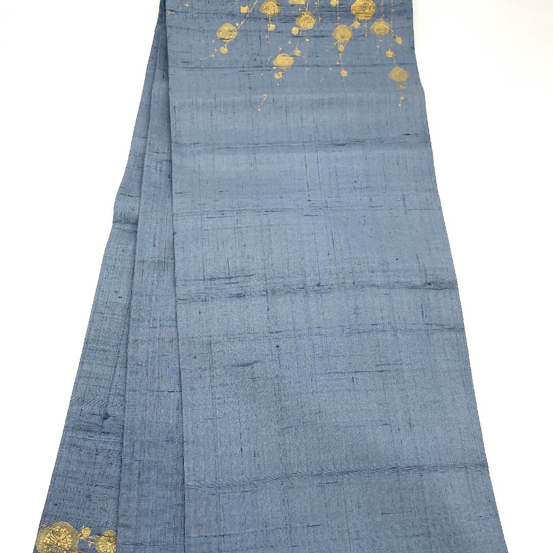 袋帯 湊鼠色(みなとねずいろ) しだれ梅 紬地 帯丈458cm 正絹 Sランク ポイント柄 カジュアル 青系 1123009242417