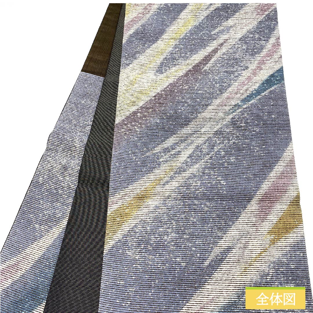 袋帯 正絹 錆鼠色(さびねずいろ) 西陣織 抽象模様 金糸入り 帯丈442cm Sランク 六通 セミフォーマル 青系 1123012692317