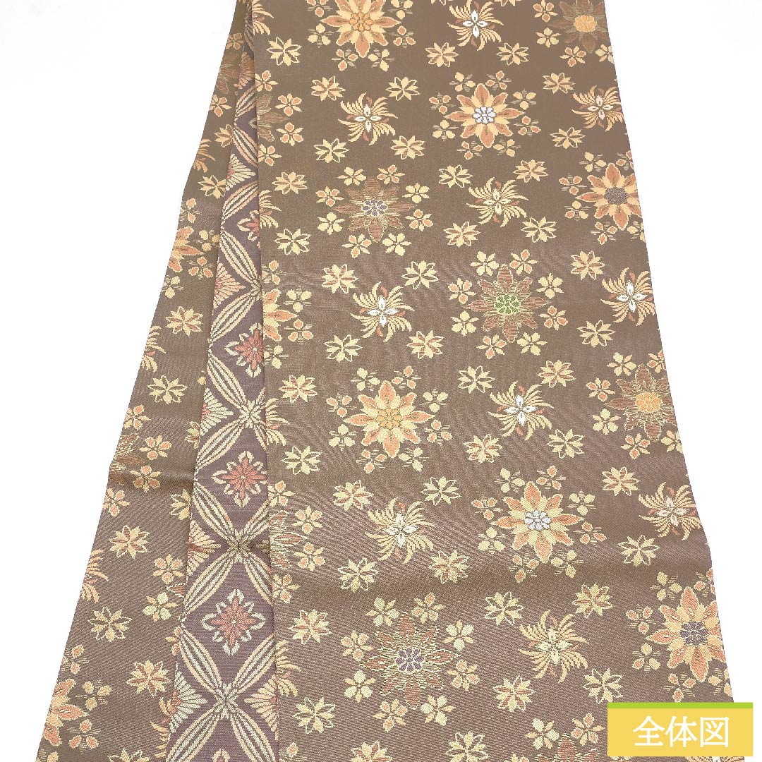 Fukuro Obi (plum gray) by Kanae Kobo, with chrysanthemum and cloisonne patterns, abstract floral patterns, obi length 443cm, pure silk, S rank, six-pass, casual, brown, 1123009572314