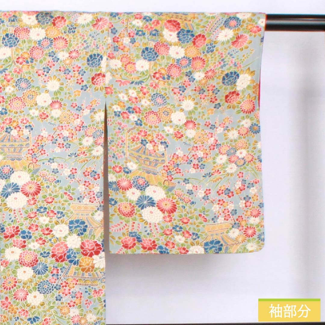 Small pattern, pure silk, length 156.5cm, sleeve length 64cm, lined, Kinuta celadon color, flower basket, rank S, light blue, 1115005792324