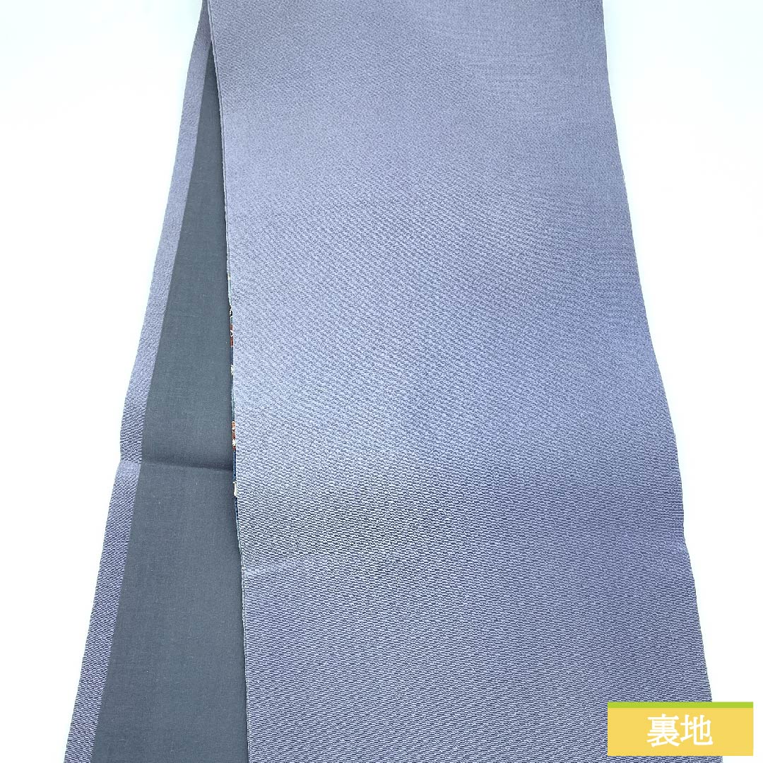 名古屋帯 青袋鼠色(せいたいねずいろ)辻ヶ花 松皮菱 ちりめん地 帯丈364cm 正絹 Aランク ポイント柄 カジュアル 青系 1124006223317 開き仕立て