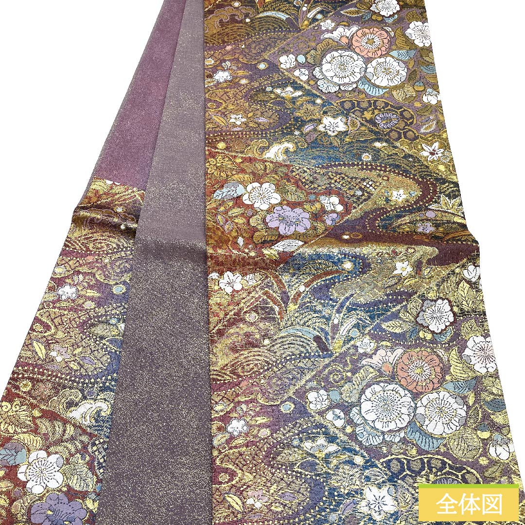 (未仕立)袋帯 半色(はしたいろ) 辻ヶ花 切り嵌め風 帯丈436cm 正絹 Sランク 六通 セミフォーマル 紫系 1123009932320