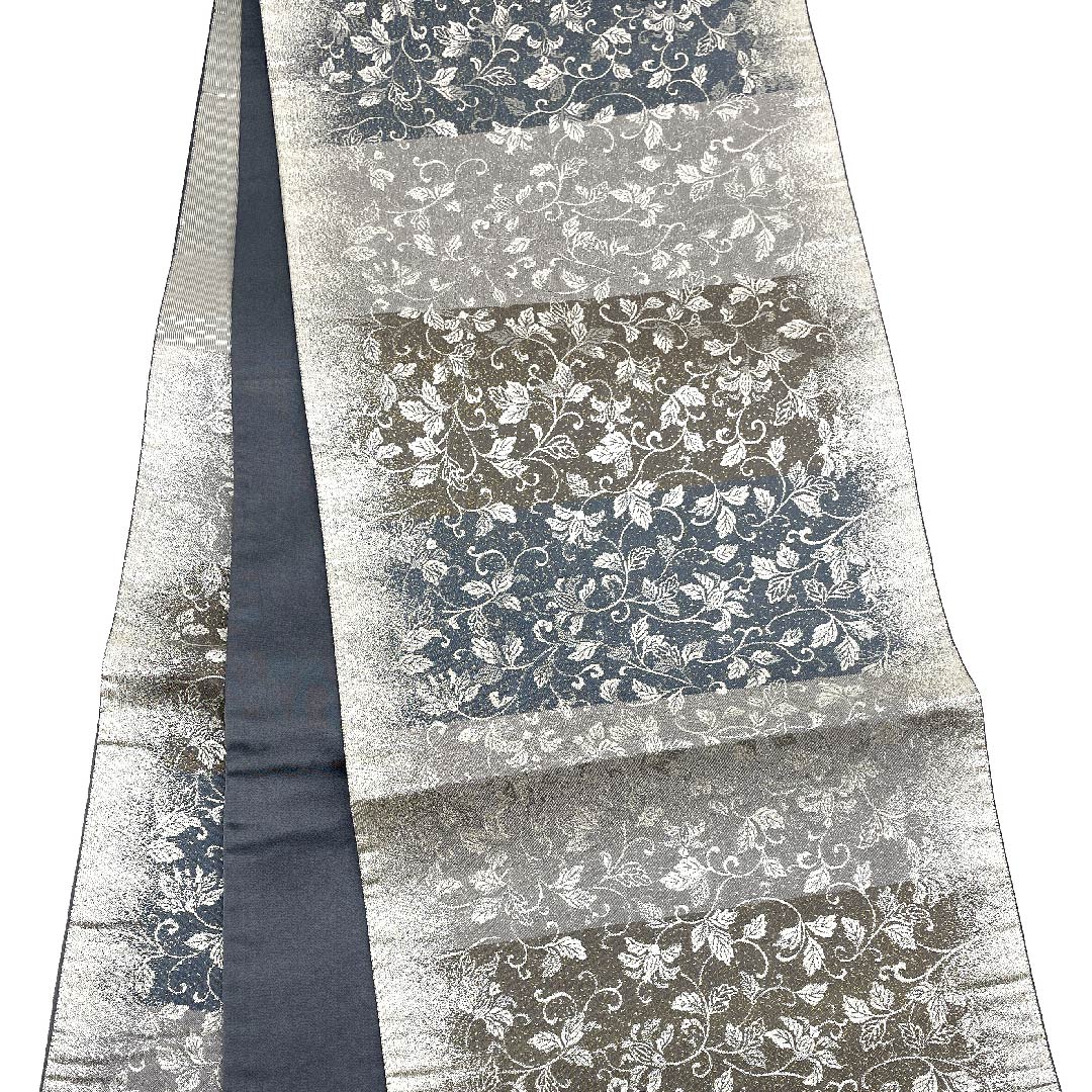 袋帯 水銀色(すいぎんいろ) 銀通し 唐草模様 帯丈430cm 正絹 Sランク 六通 セミフォーマル グラデーション系 1123008792399