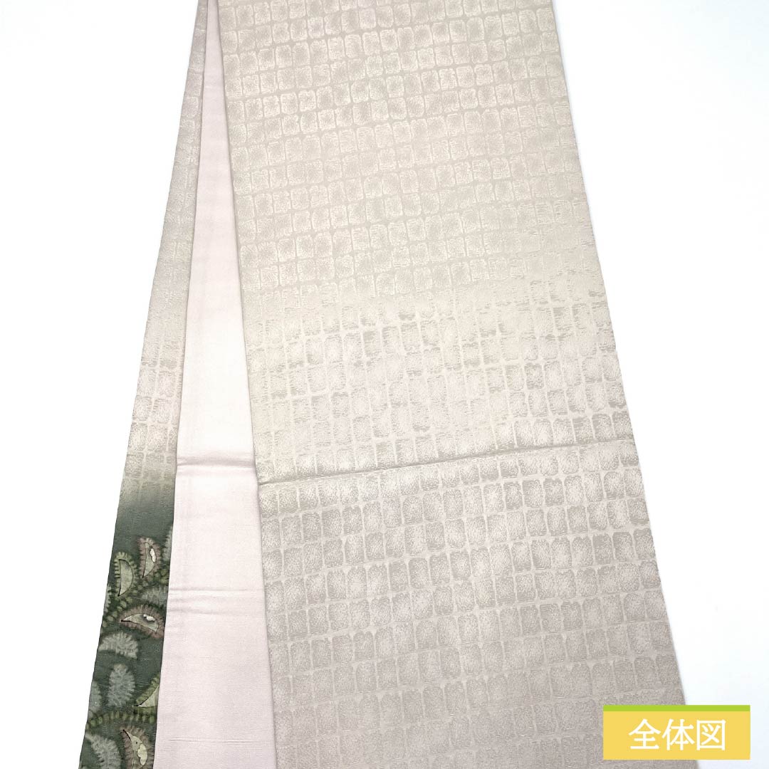 袋帯 正絹 青柳鼠色(あおやなぎねずいろ) 絞り 辻ヶ花 帯丈442cm Sランク ポイント柄 セミフォーマル 緑系 1123014842319