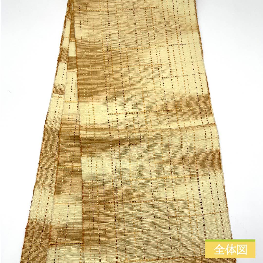 名古屋帯 薄卵色(うすたまごいろ) 紬地 幾何学模様 帯丈350cm 正絹 Sランク 全通 カジュアル ベージュ系 1124008092325 開き仕立て