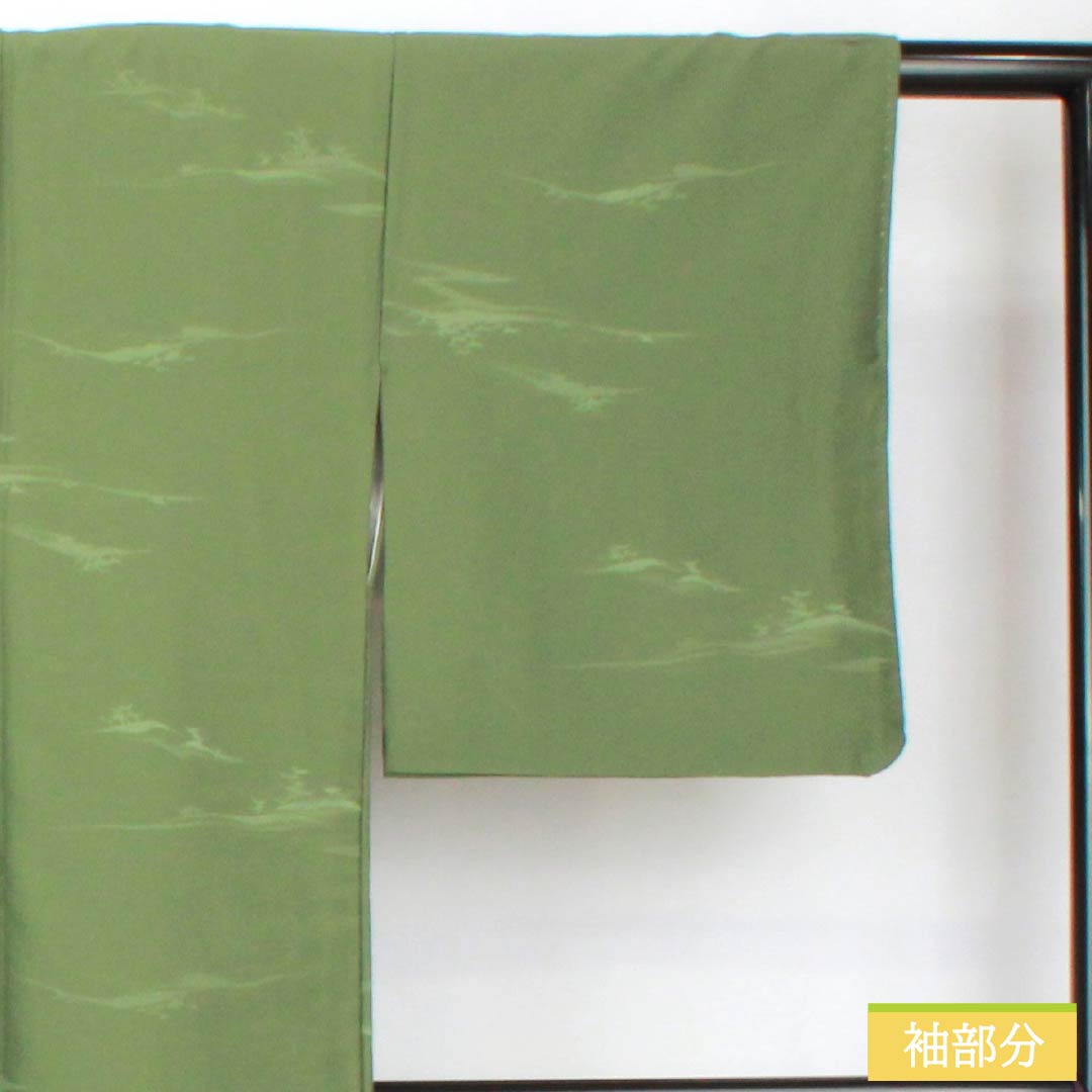 Solid-colored polyester kimono, length 163cm, sleeve length 65cm, pine needle color (matsubairo), made of brocade, washable, lined, S rank, green, product number 1114002172419