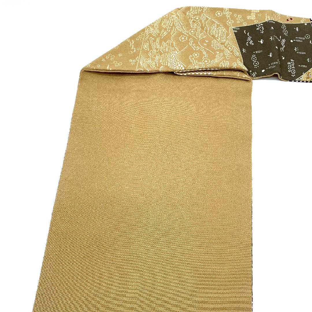 名古屋帯 山吹鼠色 京紅型 栗山工房 吉祥文様 帯丈366cm 正絹 Sランク ポイント柄 カジュアル 茶系 1124005202314 名古屋仕立て