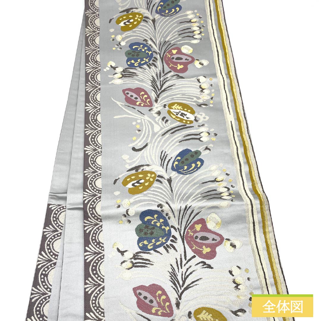 袋帯 正絹 水銀色(すいぎんいろ) 抽象花 帯丈434cm Sランク 六通 カジュアル グレー系 1123013012322