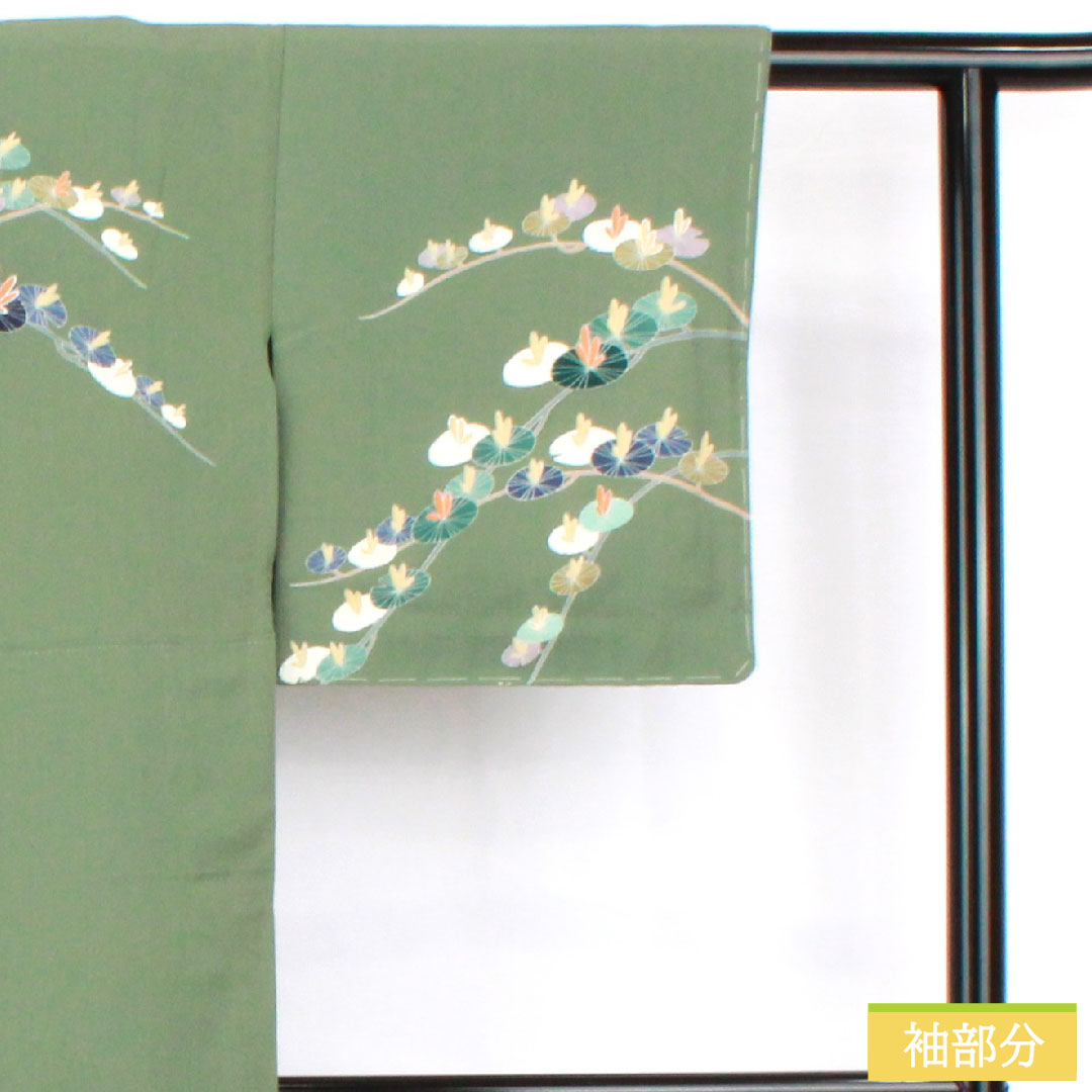 訪問着 正絹 袷 身丈146.5cm 裄丈60cm 琅玕色(ろうかんいろ) 京友禅 抽象模様 しつけ糸付き 未使用品 Sランク 緑系 1112005102119