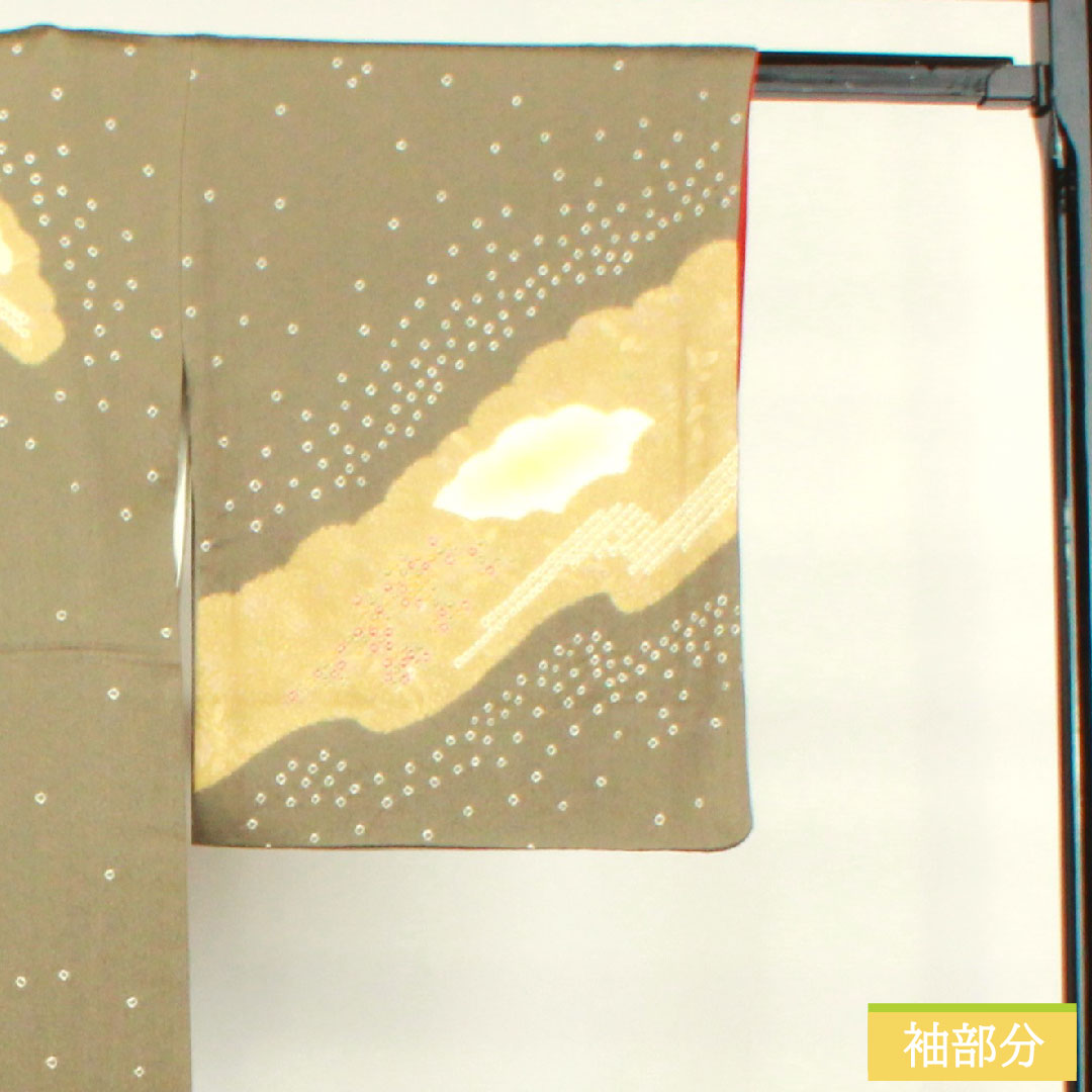 訪問着 正絹 袷 身丈162.5cm 裄丈66.5cm 砂色 刺繡 部分絞り スーパー鈴ガード Sランク グレー系 1112003632422
