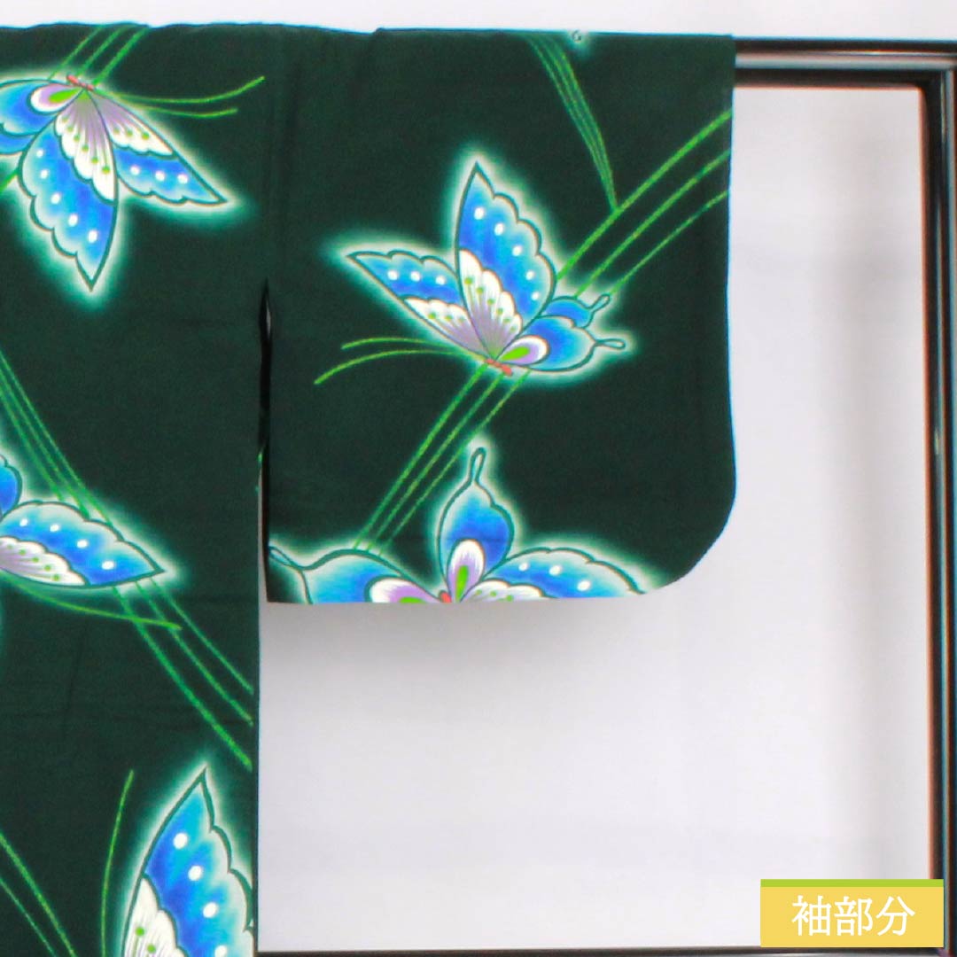 浴衣 木綿 身丈144cm 裄丈65cm Sランク 単衣 緑系 深緑色(ふかきみどりいろ) 蝶 1118005332119