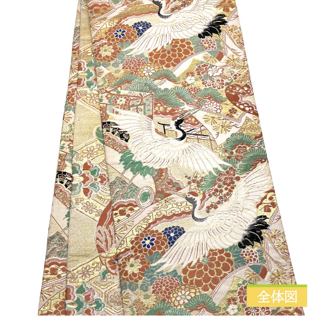 (丸帯)袋帯 正絹 Aランク 丸帯 留袖用 古典柄 鶴 菊 帯丈376cm 全通 フォーマル 金系 1123015773321