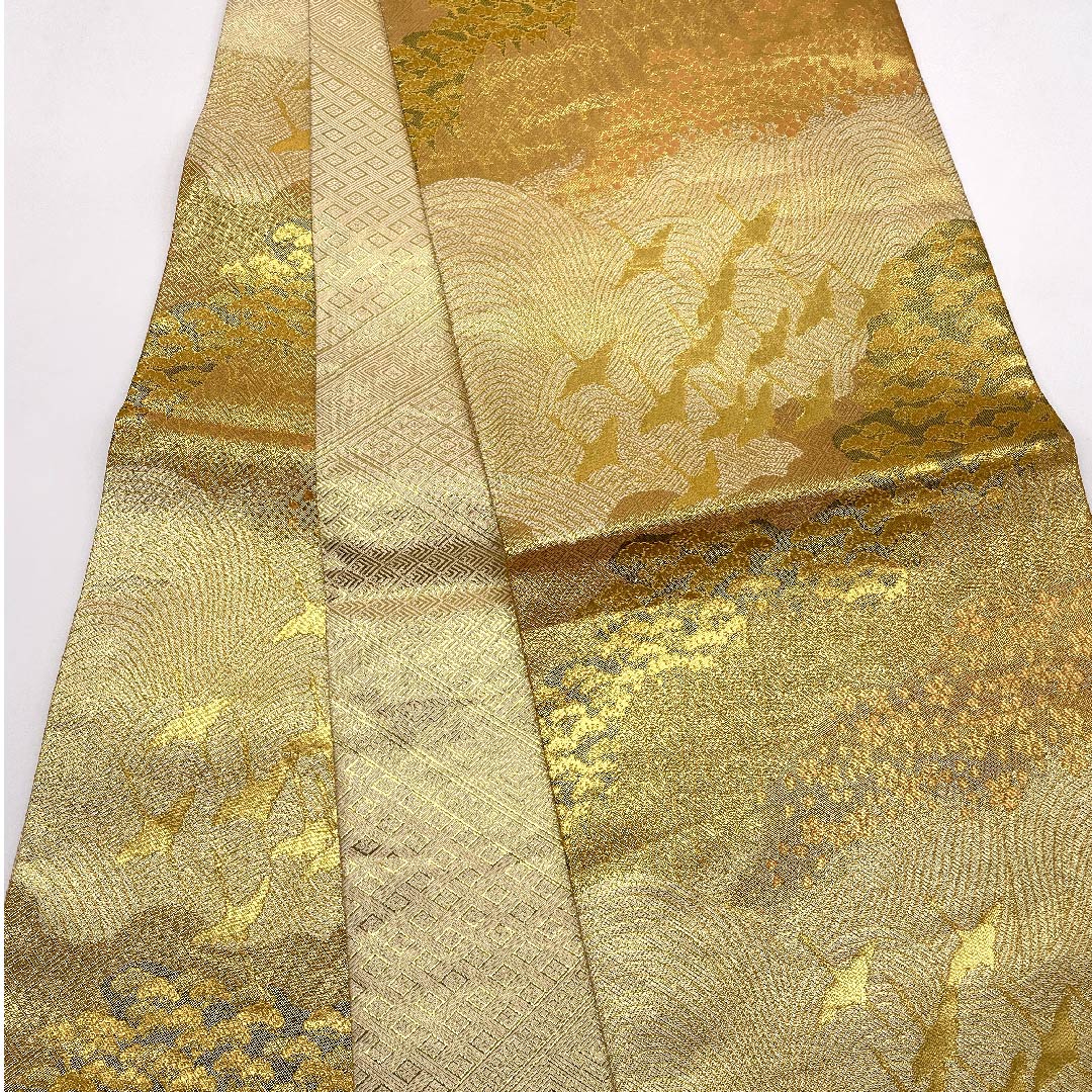 袋帯 金色 佐賀錦 桜 鶴 帯丈450cm 正絹 Aランク 六通 フォーマル 金系 1123006063321
