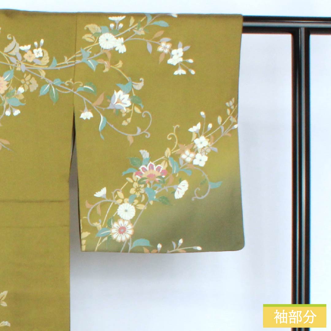 訪問着 正絹 Aランク 袷 身丈162cm 裄丈60.5cm 威光茶色(いこうちゃいろ) 京友禅 草花 緑系 1112007593419