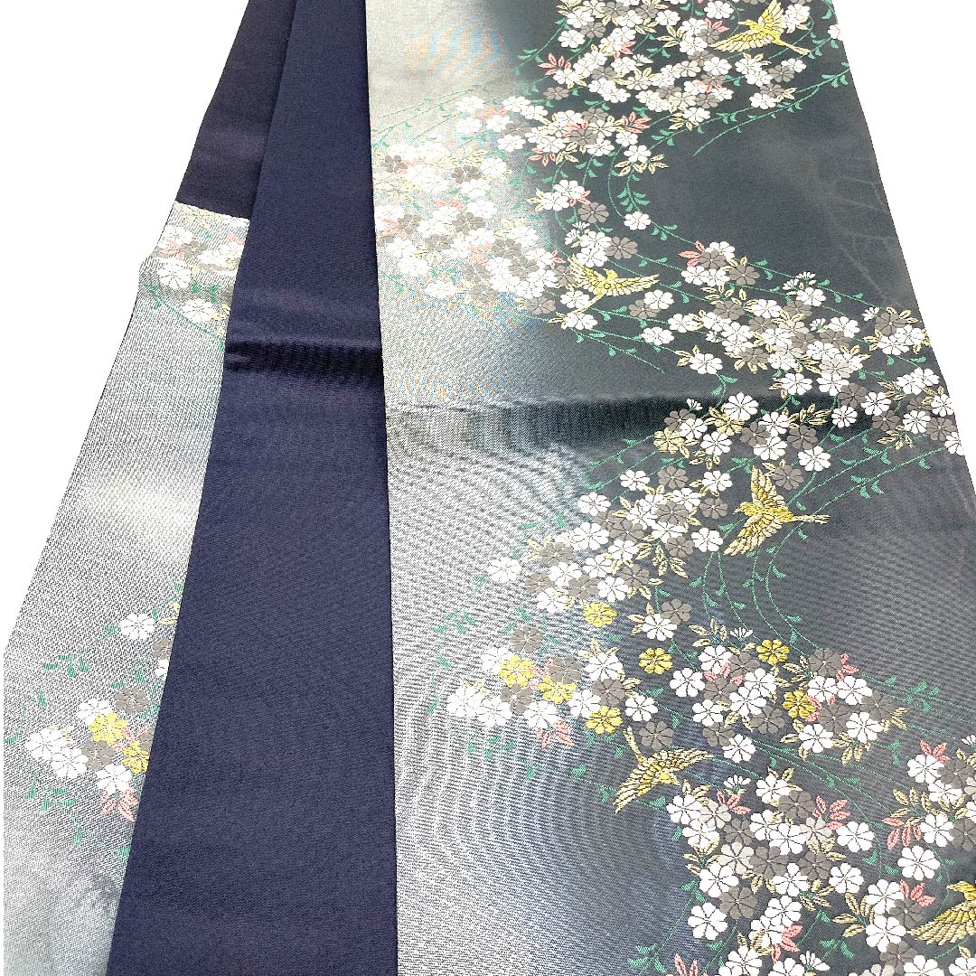 袋帯 熨斗目色(のしめいろ) 桜 鶴 流水 帯丈430cm 正絹 Aランク 六通 フォーマル グレー系 1123002923322