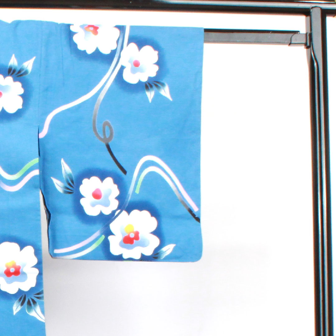 浴衣 空色 草花模様 木綿 Sランク 単衣 身丈152cm 裄丈63cm 青系 1118003342217
