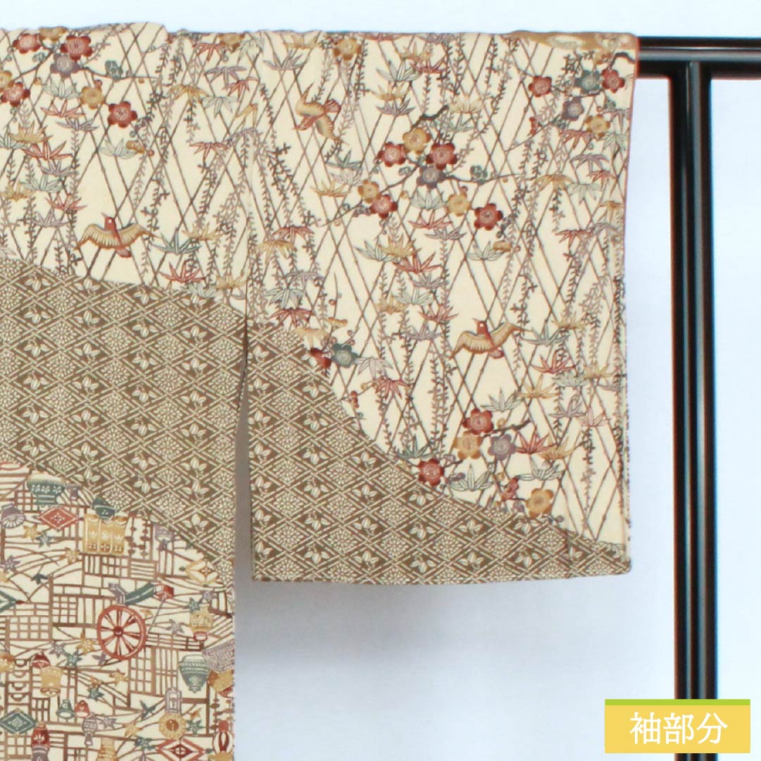 訪問着 正絹 Aランク 袷 身丈164cm 裄丈68cm 胡桃色(くるみいろ) 京紅型 吉祥文様 割付文様 古典柄 しつけ糸付き ベージュ系 1112006713425