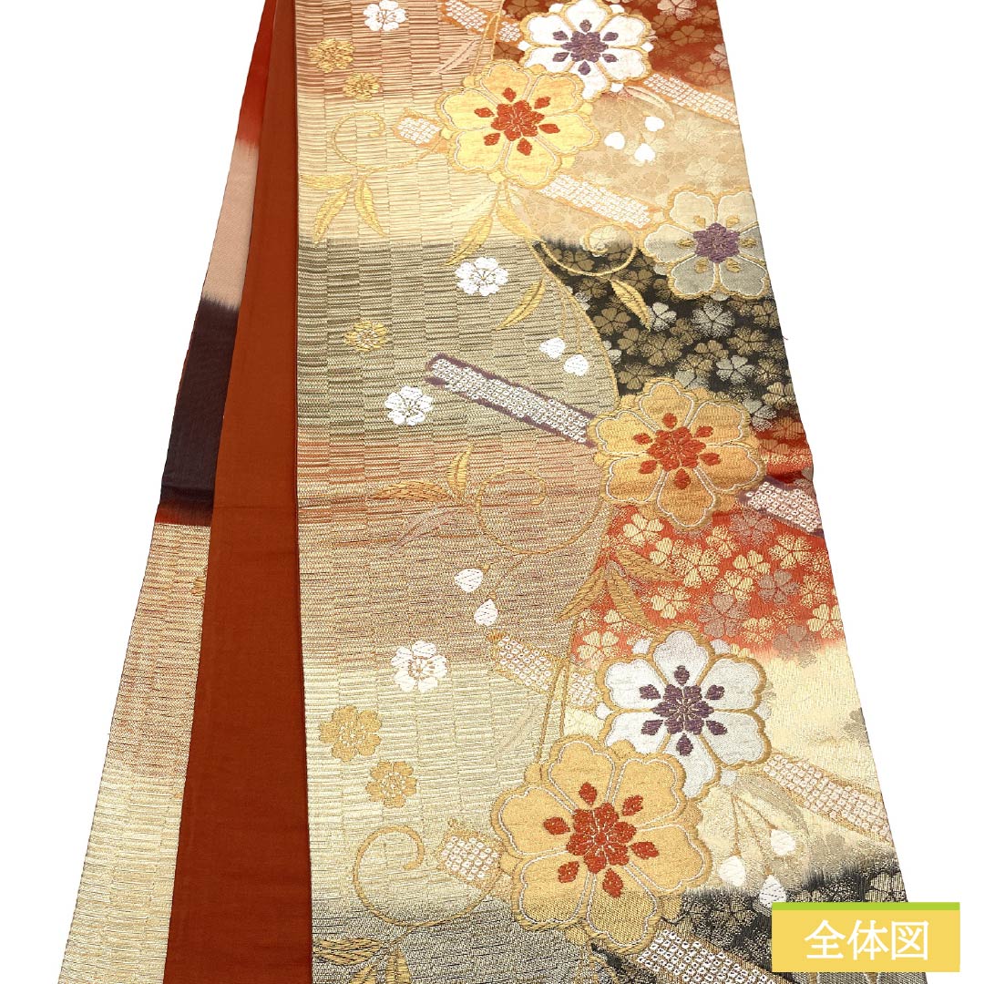 袋帯 正絹 振袖用 花唐草 鹿の子 帯丈424cm Sランク 六通 フォーマル グラデーション系 1123013732399