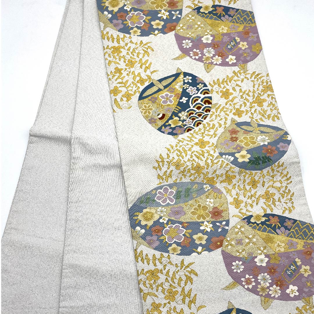 袋帯 銀白色色(ぎんはくしょくいろ) 小花 帯丈446cm 正絹 Bランク 六通 セミフォーマル 銀系 1123007174322