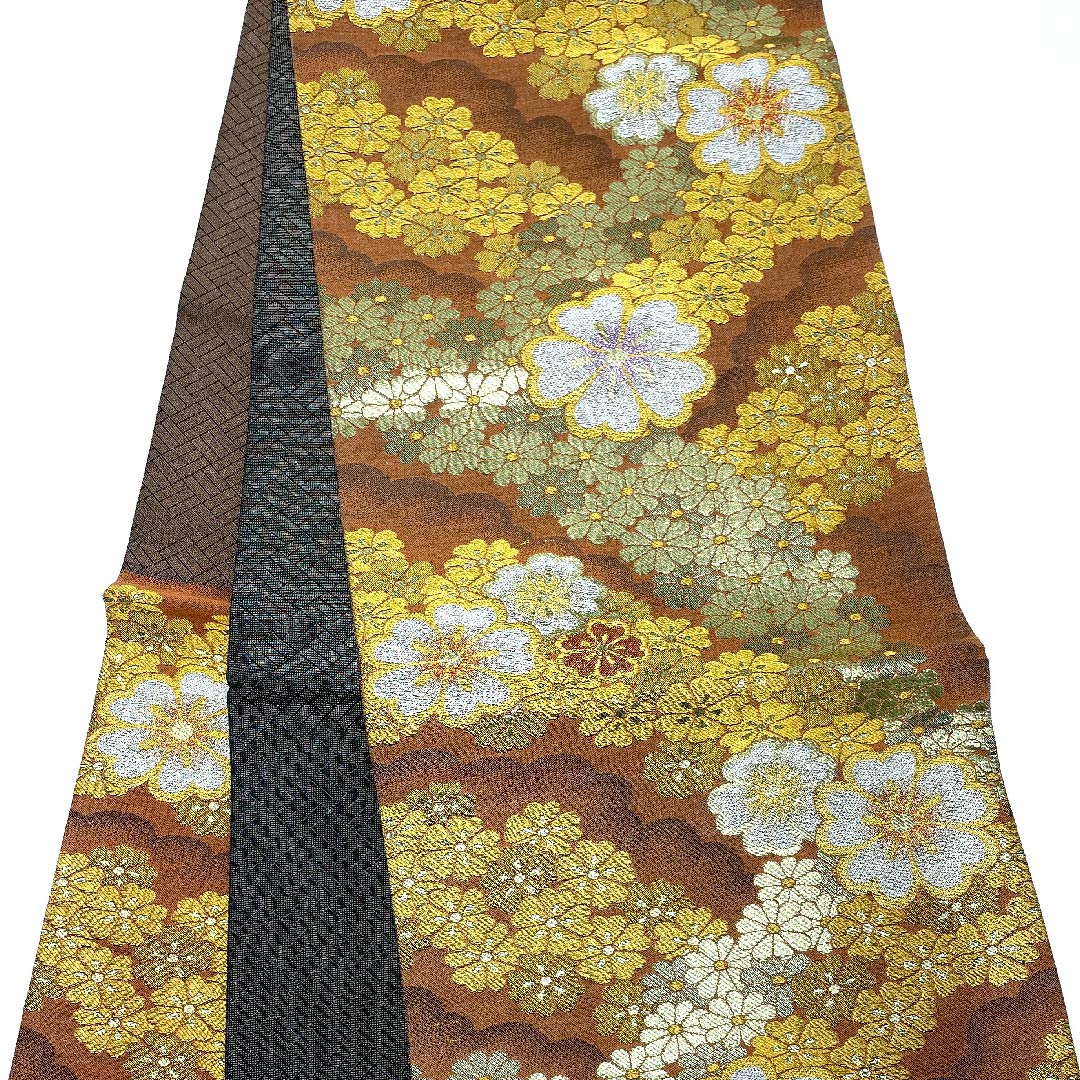 袋帯 雀色(すずめいろ) 小花 帯丈427cm 正絹 Sランク 六通 フォーマル 茶系 1123008382314