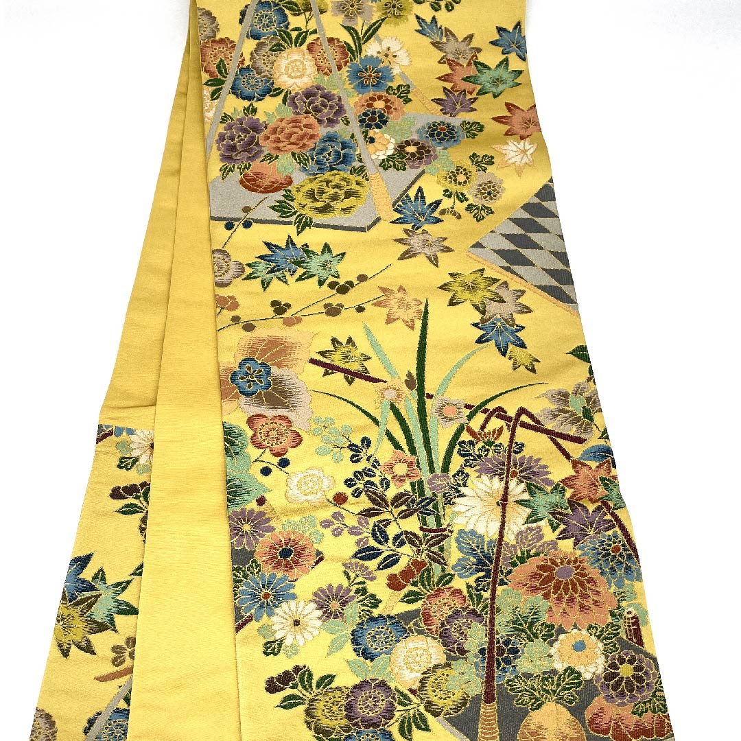 Fukuro Obi (Fukuro obi) in yellow paper color, Shiraayaen Oba, Hanagoshi, obi length 449cm, pure silk, S rank, six-pass, formal, beige, 1123009462325
