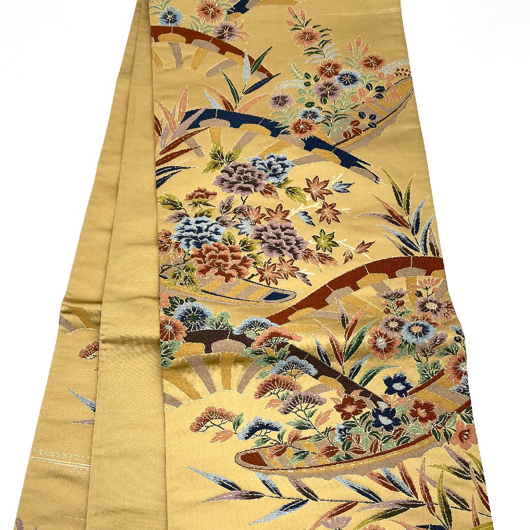 袋帯 山吹鼠色(やまぶきねずいろ) 白綾苑大庭 花柄 帯丈428cm 正絹 Sランク 六通 フォーマル 茶系 1123009472314