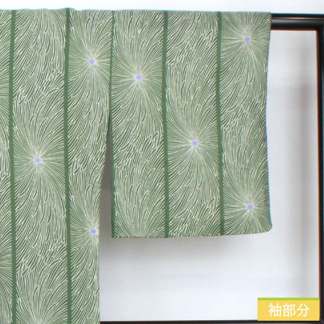 夏物 ポリエステル 小紋 身丈158cm 裄丈66cm 夏虫色(なつむしいろ) 乱菊 洗える着物 紗 Sランク 緑系 1132002162319