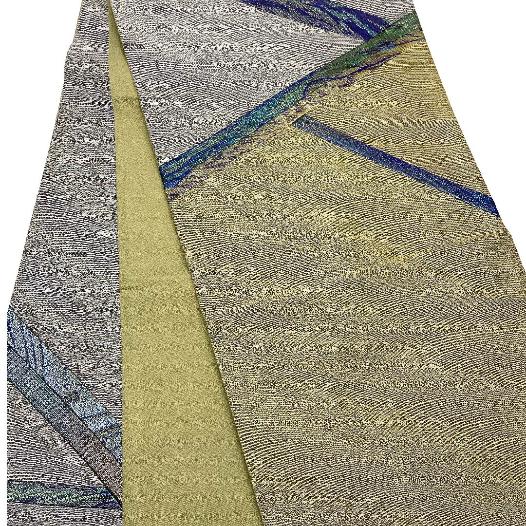 袋帯 切り嵌め 幾何学模様 帯丈446cm 正絹 Aランク 六通 セミフォーマル 銀系 1123005643322