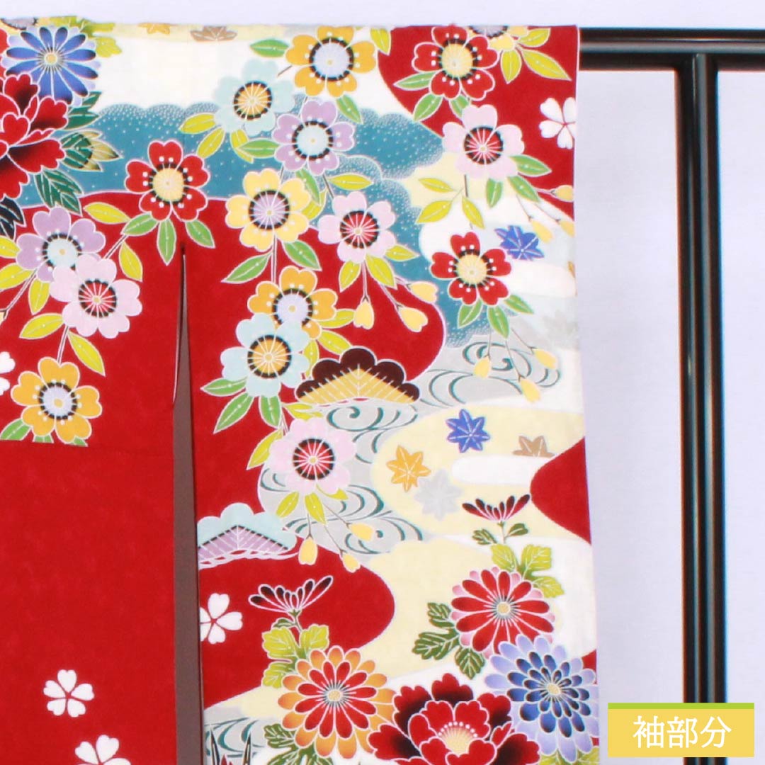 振袖 正絹 Sランク 身丈166.5cm 裄丈65.5cm 袷 真紅色(しんくいろ) 吉祥文様 牡丹 菊 梅 桜 赤系 1113002212512