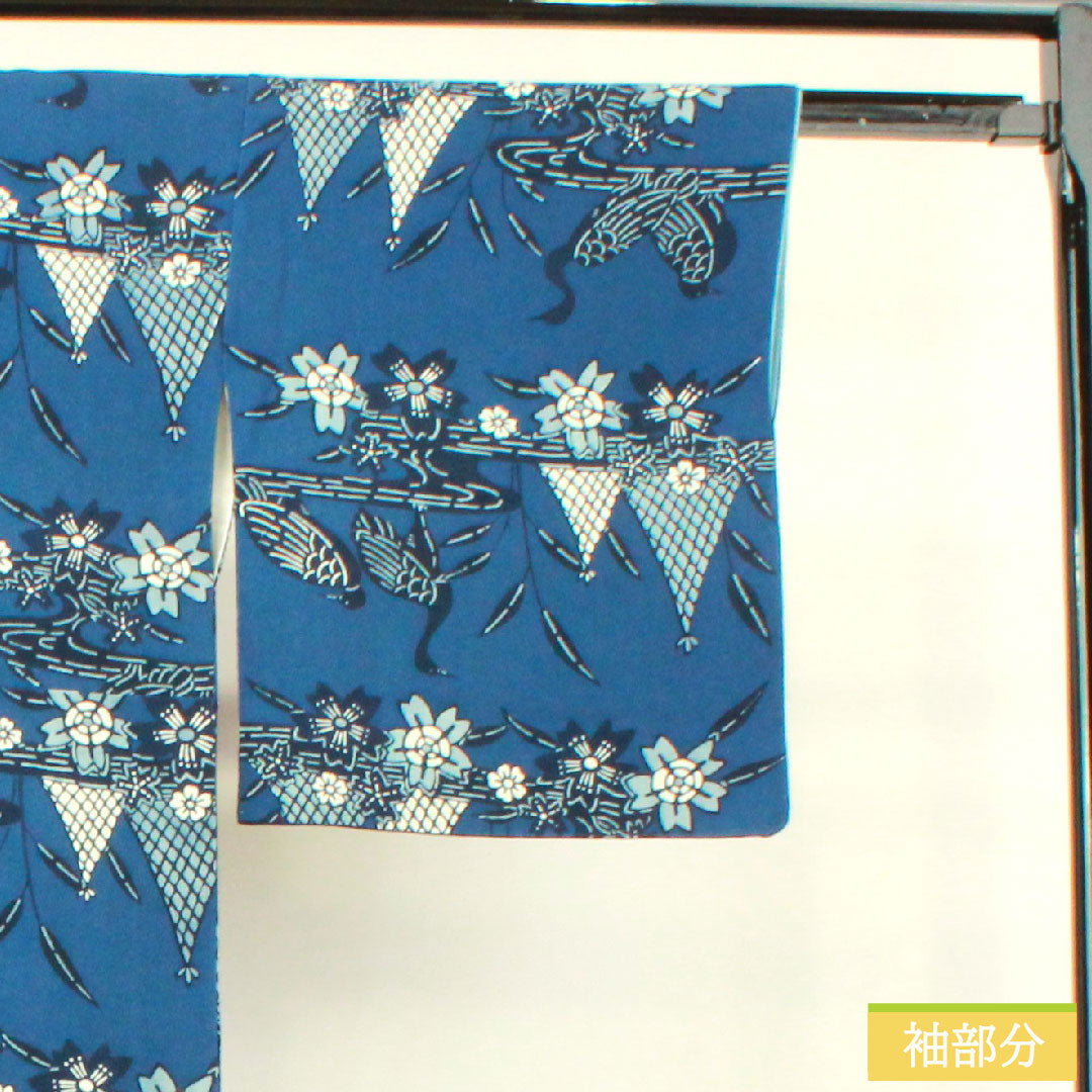小紋 正絹 身丈158.5cm 裄丈65cm 袷 紺桔梗色(こんききょういろ) 京紅型 白鳥 桜 流水 Sランク 紺系 1115004182318
