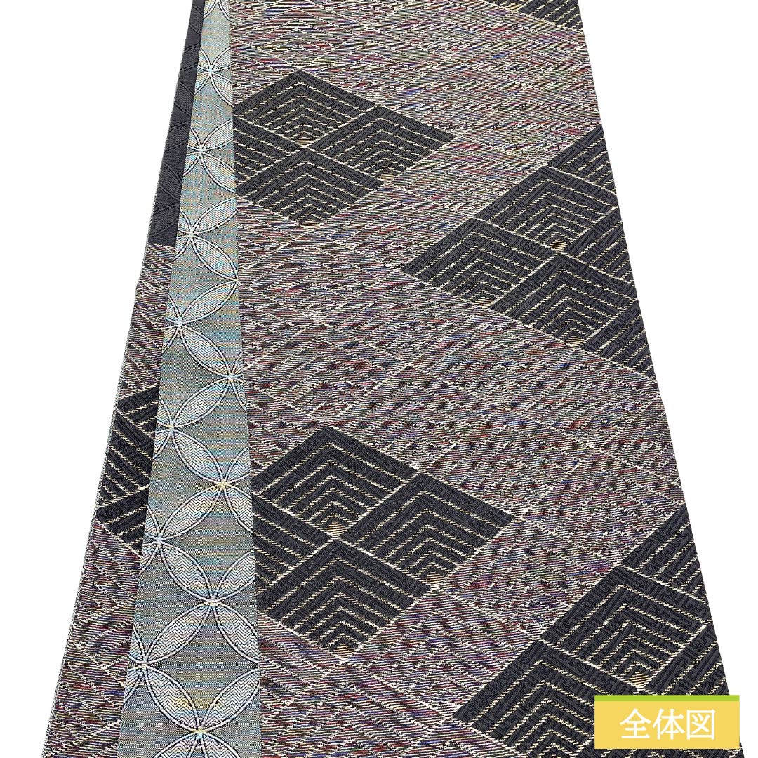 Fukuro Obi, Pure Silk, Guzumi-iro (Ink Color), Diamond Pattern, Silk Polish, Length 452cm, S Rank, Six-way, Semi-formal, Gray, 1123012282422