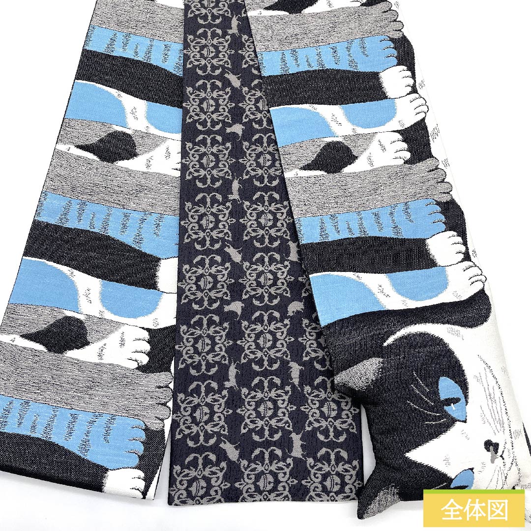 半幅帯 灰色(はいいろ) 動物柄 猫 リバーシブル 長尺 綿入り 帯丈445cm 正絹 グレー系 NEWランク 1125000761922