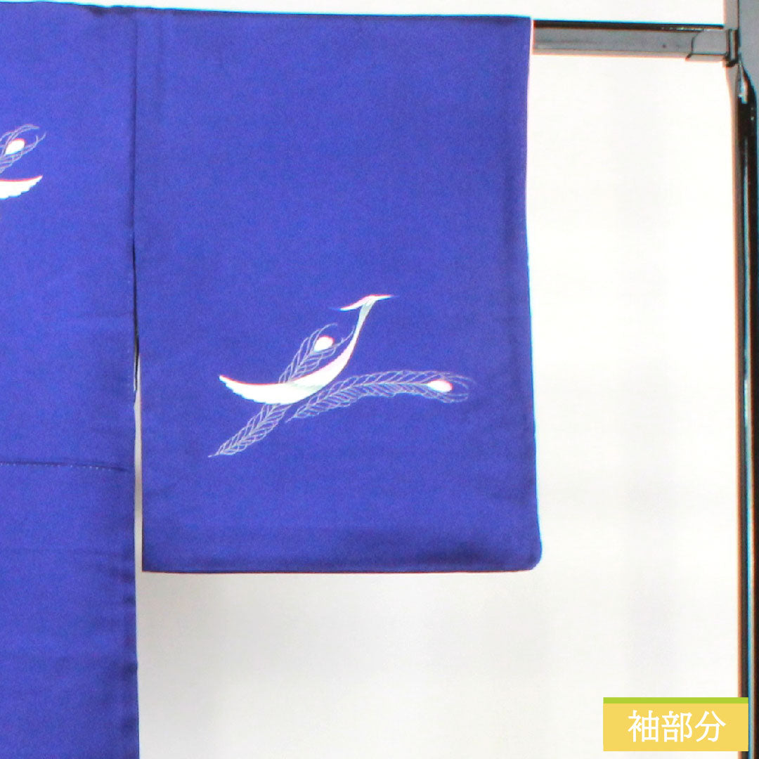 Homongi, pure silk, lined, length 161cm, sleeve length 65.5cm, bellflower color, Kyoto Yuzen, peacock, A rank, navy blue, 1112004353418