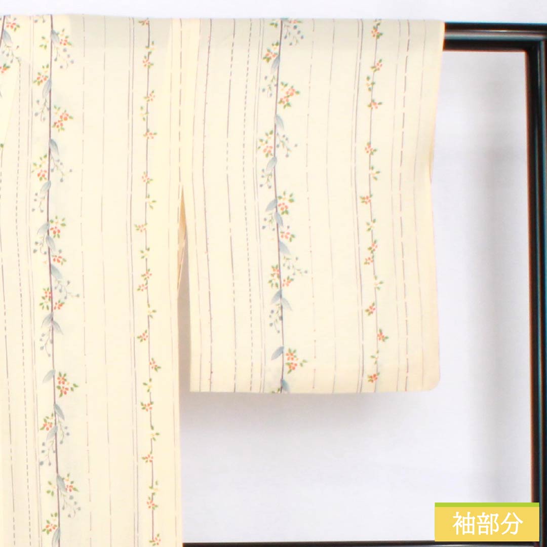 夏物 正絹 小紋 身丈153cm 裄丈62cm 生成り色(きなりいろ) 京友禅 縞 小花 絽 Aランク クリーム系 1132002053215