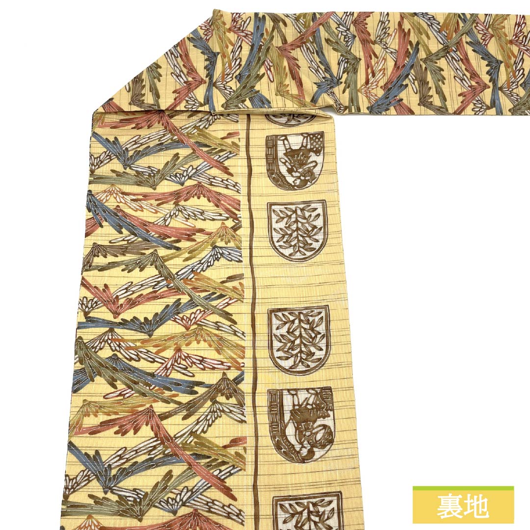 名古屋帯 正絹 卵黄色(らんおういろ) 夏帯 染め帯 インカ模様 帯丈370cm Sランク 全通 カジュアル 黄系 1124007942323 名古屋仕立て