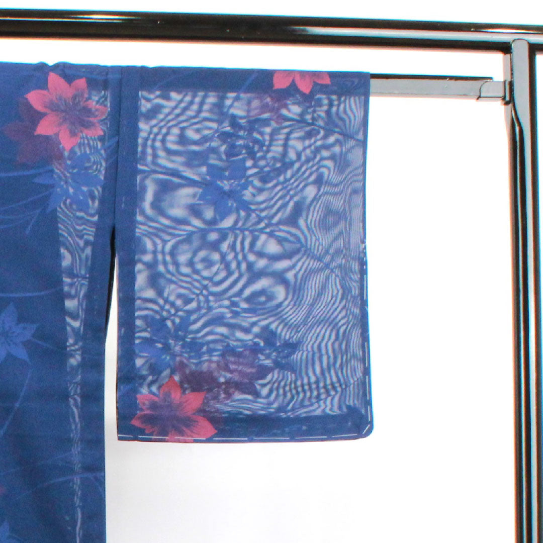 夏物 正絹 小紋 身丈168cm 裄丈63.5cm 紺桔梗色(こんききょういろ) 草花模様 しつけ糸付き 未使用品 紗 Sランク 紺系 1132001282518