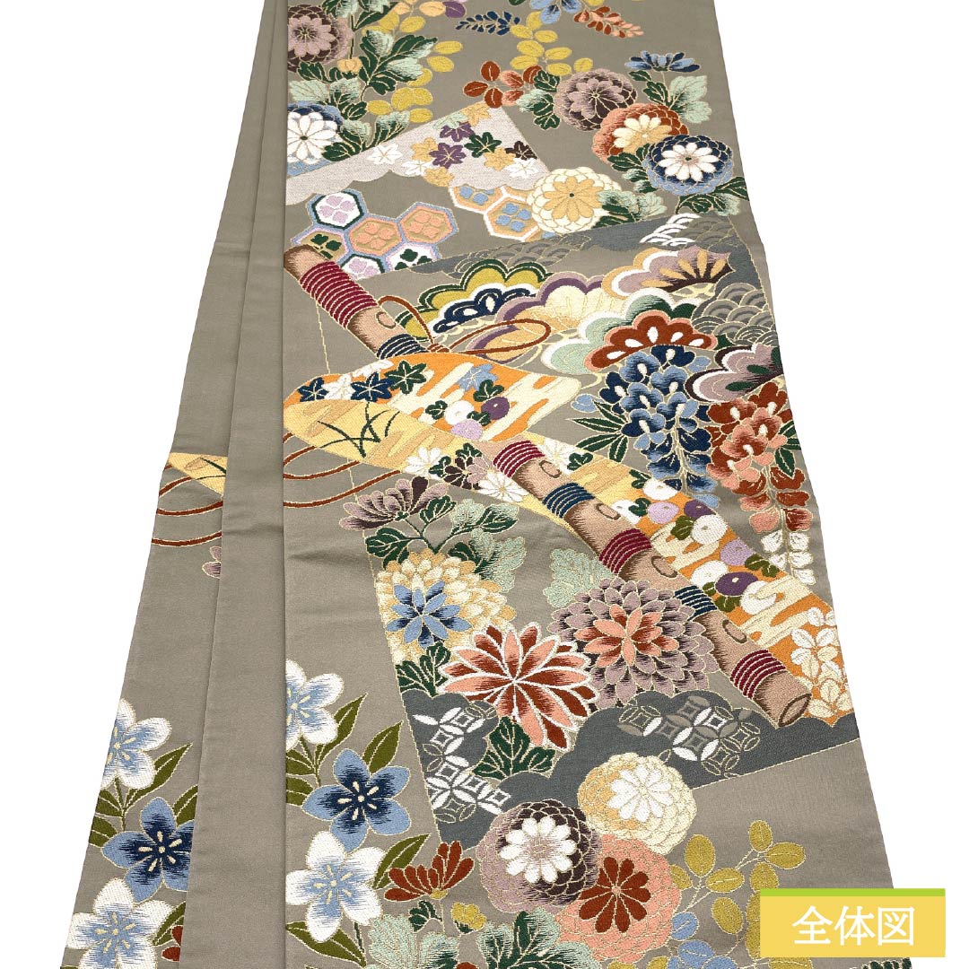 袋帯 正絹 消炭鼠色(けしずみねずみいろ) 白綾苑大庭 笛 振袖用 七宝 帯丈436cm Sランク 六通 フォーマル グレー系 1123014372322