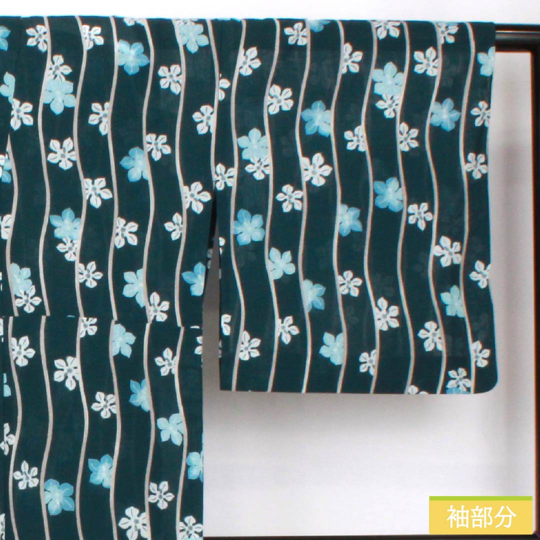 夏物 ポリエステル 小紋 身丈167cm 裄丈69cm 高麗納戸色(こうらいなんどいろ) よろけ縞 花 洗える着物 紗 Sランク 青系 1132002352517