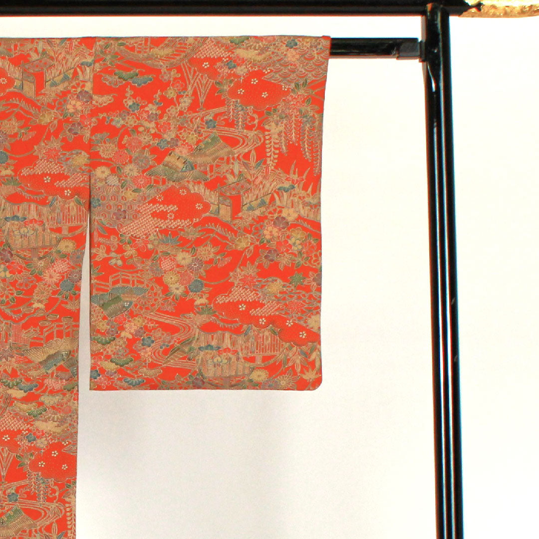 小紋 身丈163.5cm 裄丈67cm 袷 茶屋辻模様 正絹 Sランク 朱系 1115001642416