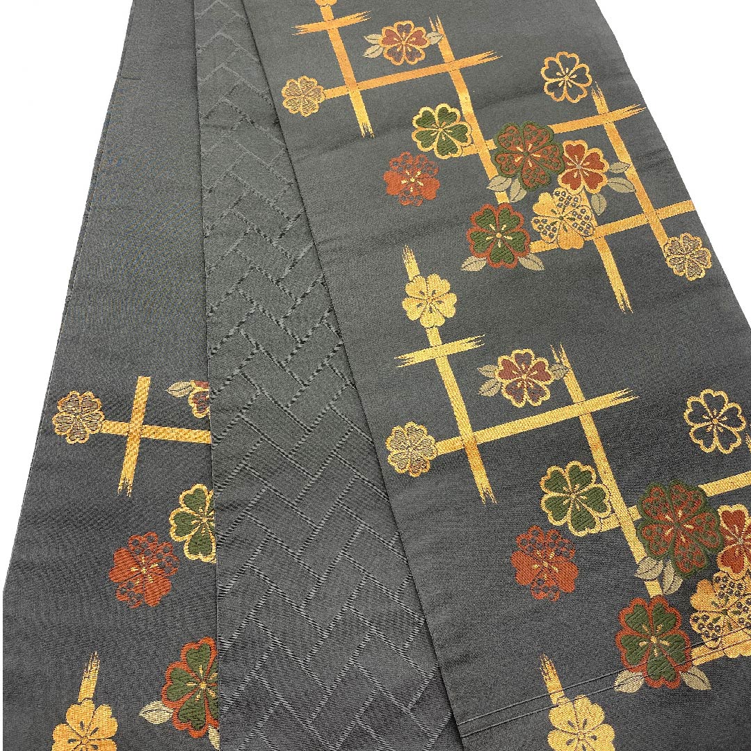 名古屋帯 京袋帯 具墨色 桜 井桁 帯丈374cm ポリ Aランク 六通 セミフォーマル グレー系 1124003313322 開き仕立て